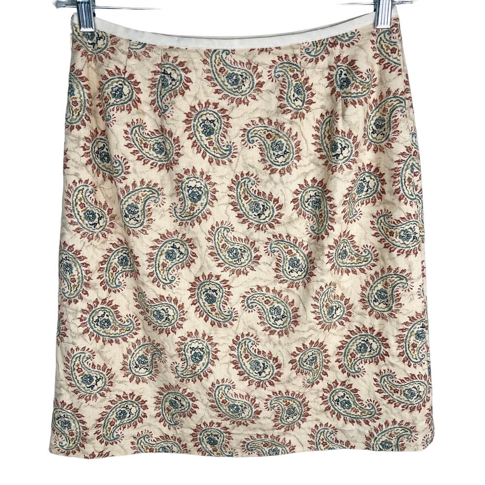 J McLaughlin Skirt 12 Paisley Beige Ribbon Waistband Side Zip Lined